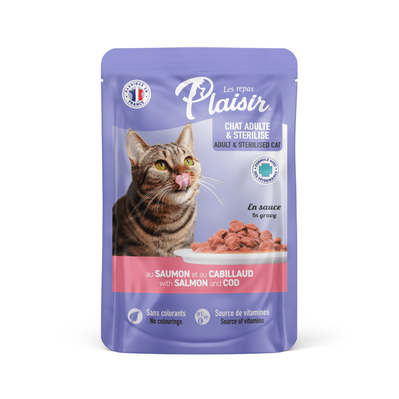 Plaisir Pouch Gato Adulto y Esterilizado con Trozos de Salmón y Bacalao en Salsa - Alimento Húmedo para Gatos
