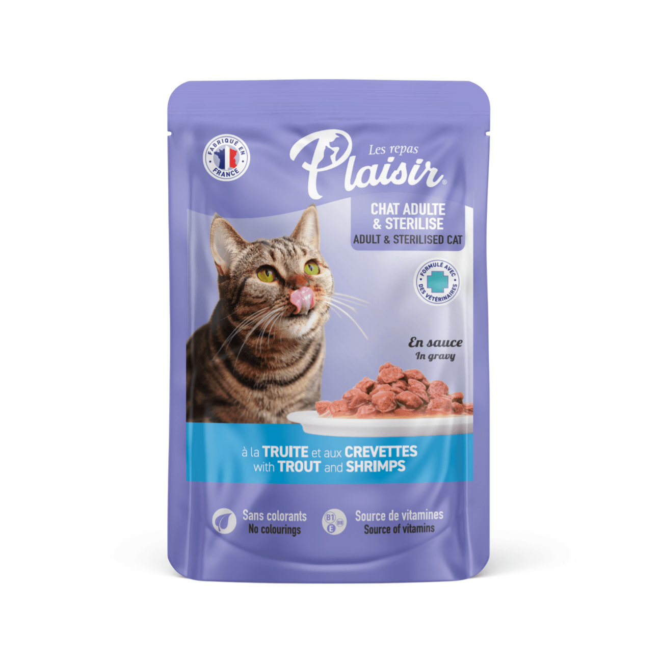 Plaisir Pouch Gato Adulto y Esterilizado con Trozos de Trucha y Camarón en Salsa - Alimento Húmedo para Gatos