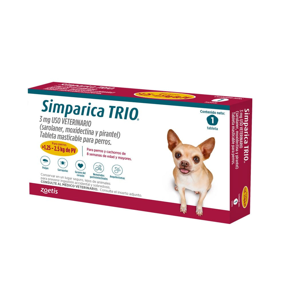 Simparica Trio para Perros de 1.25 a 2.5 KG - Antipulgas y Desparasitante para Perros.