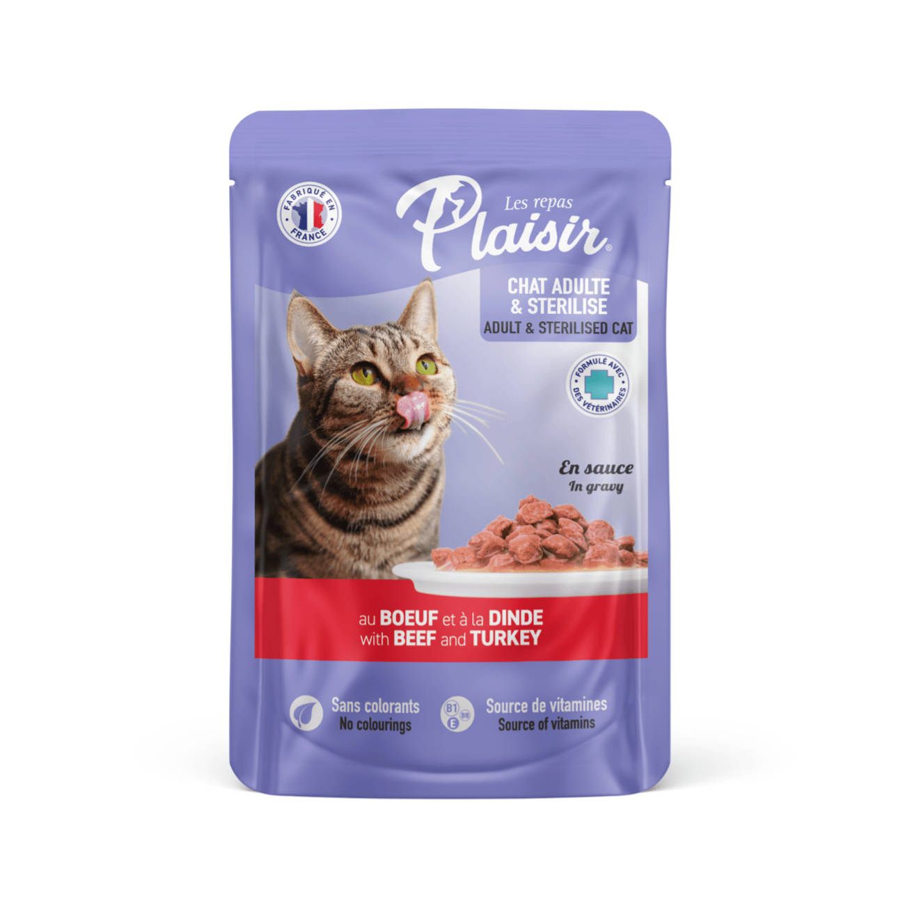 Plaisir Pouch Gato Adulto y Esterilizado con Trozos de Ternera y Pavo en Salsa - Alimento Húmedo para Gatos