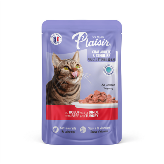 Plaisir Pouch Gato Adulto y Esterilizado con Trozos de Ternera y Pavo en Salsa - Alimento Húmedo para Gatos