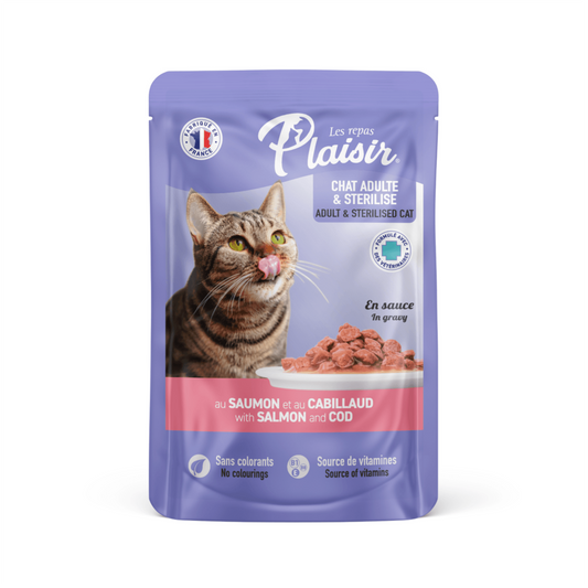 Plaisir Pouch Gato Adulto y Esterilizado con Trozos de Salmón y Bacalao en Salsa - Alimento Húmedo para Gatos