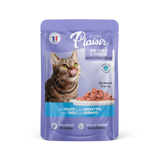 Plaisir Pouch Gato Adulto y Esterilizado con Trozos de Trucha y Camarón en Salsa - Alimento Húmedo para Gatos