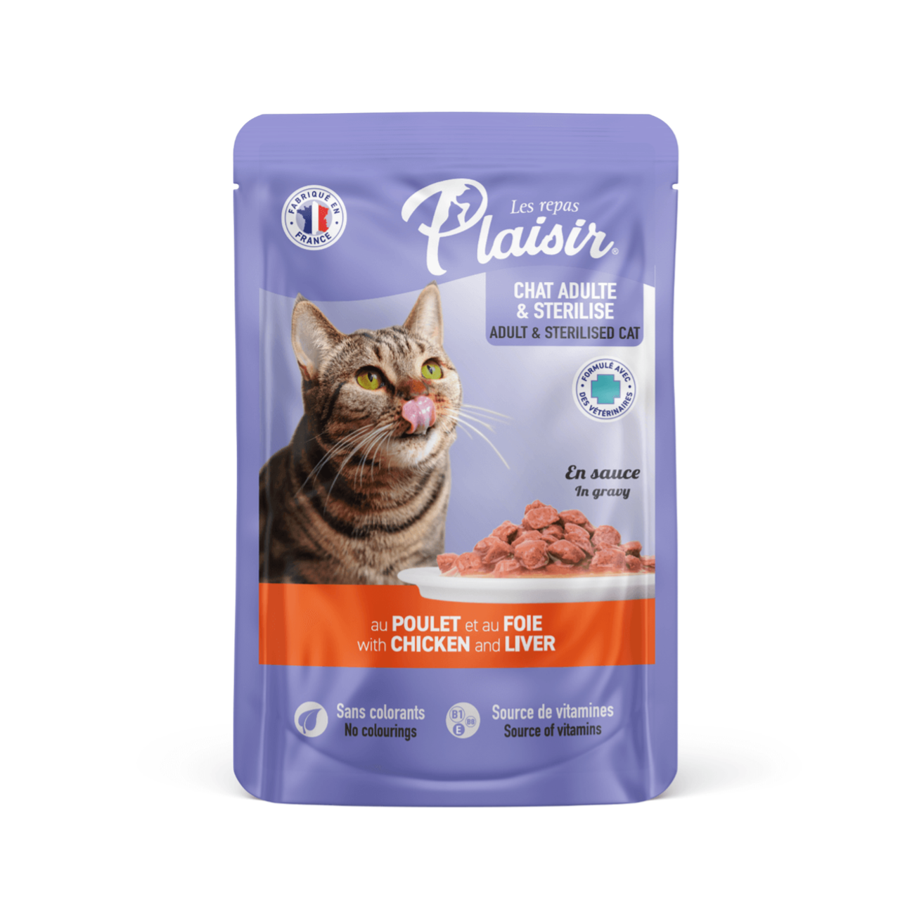 Plaisir Pouch Gato Adulto y Esterilizado con Trozos de Pollo e Hígado en Salsa - Alimento Húmedo para Gatos