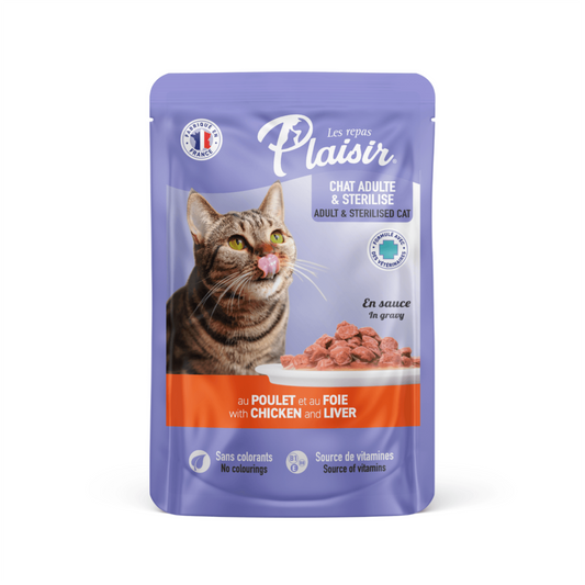 Plaisir Pouch Gato Adulto y Esterilizado con Trozos de Pollo e Hígado en Salsa - Alimento Húmedo para Gatos