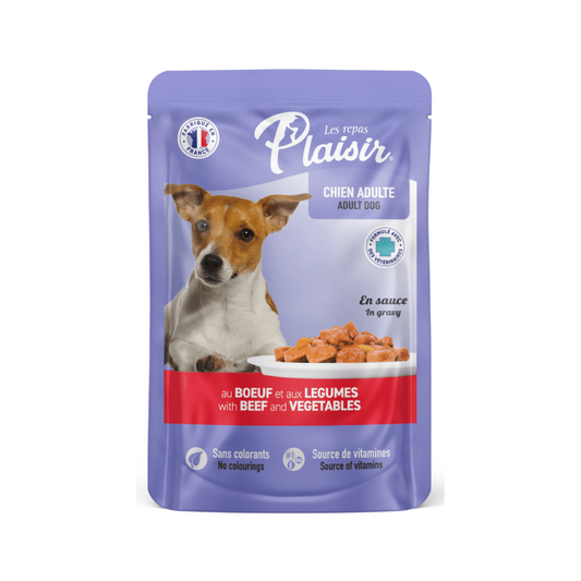 Plaisir Pouch Perro Adulto con Trocitos de Carne y Verduras en Salsa - Alimento Húmedo para Perros