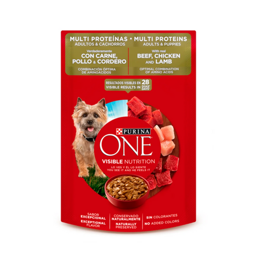 Purina One Multi Proteínas Carne, Pollo y Cordero Perros Adultos y Cachorros - Alimento Húmedo para Perros