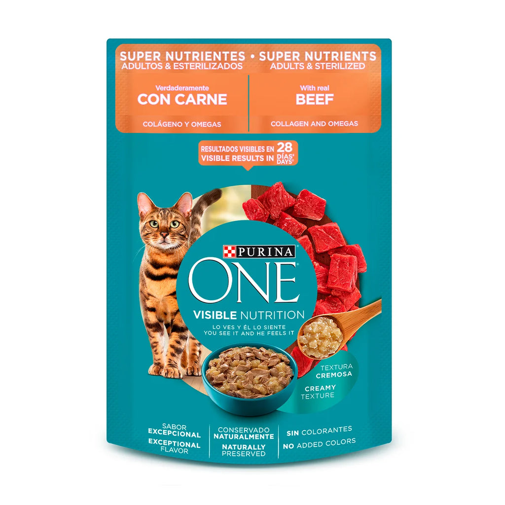Purina One Super Nutrientes Carne Gatos Adultos y Esterilizados - Alimento Húmedo para Gatos