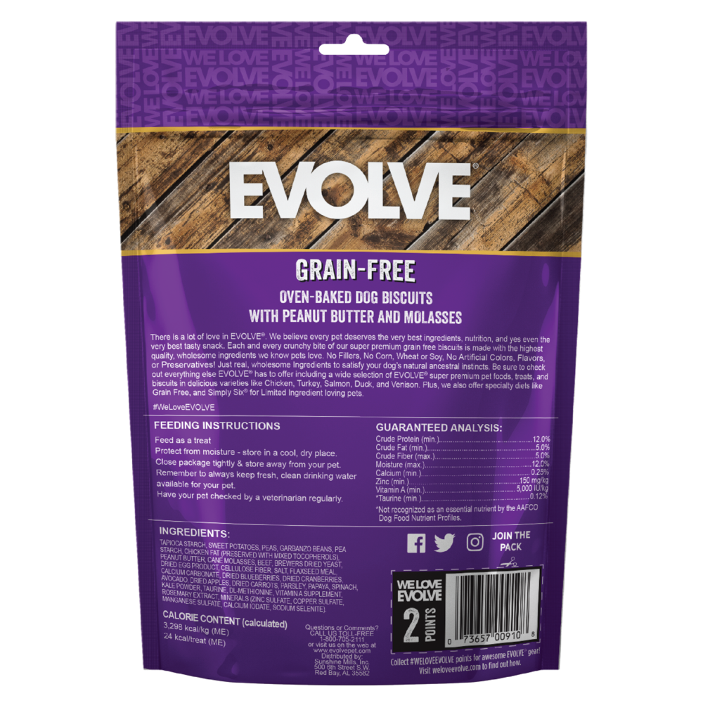 Evolve Grain Free Biscuits Mantequilla de Mani - Galletas y Snacks para Perros