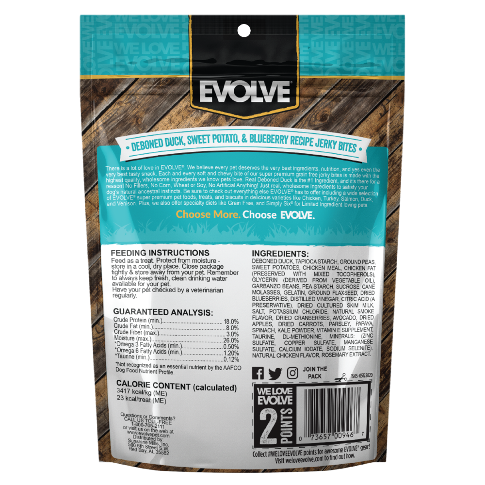 Evolve Grain Free Jerky Bites Pato - Snacks para Perros