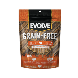 Evolve Grain Free Jerky Bites Pavo Snacks para Perros Petit Paws