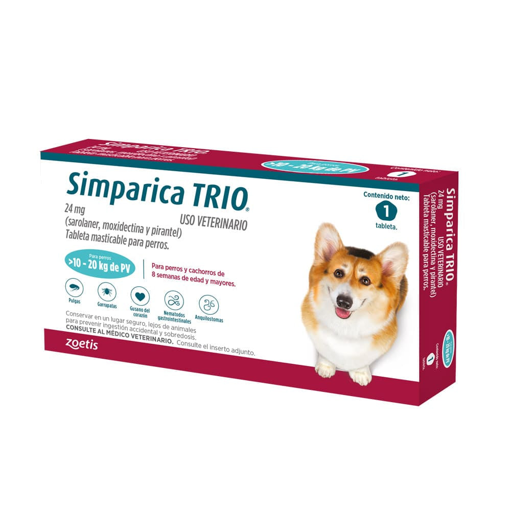 Simparica Trio para Perros de 10 a 20 KG - Antipulgas y Desparasitante para Perros