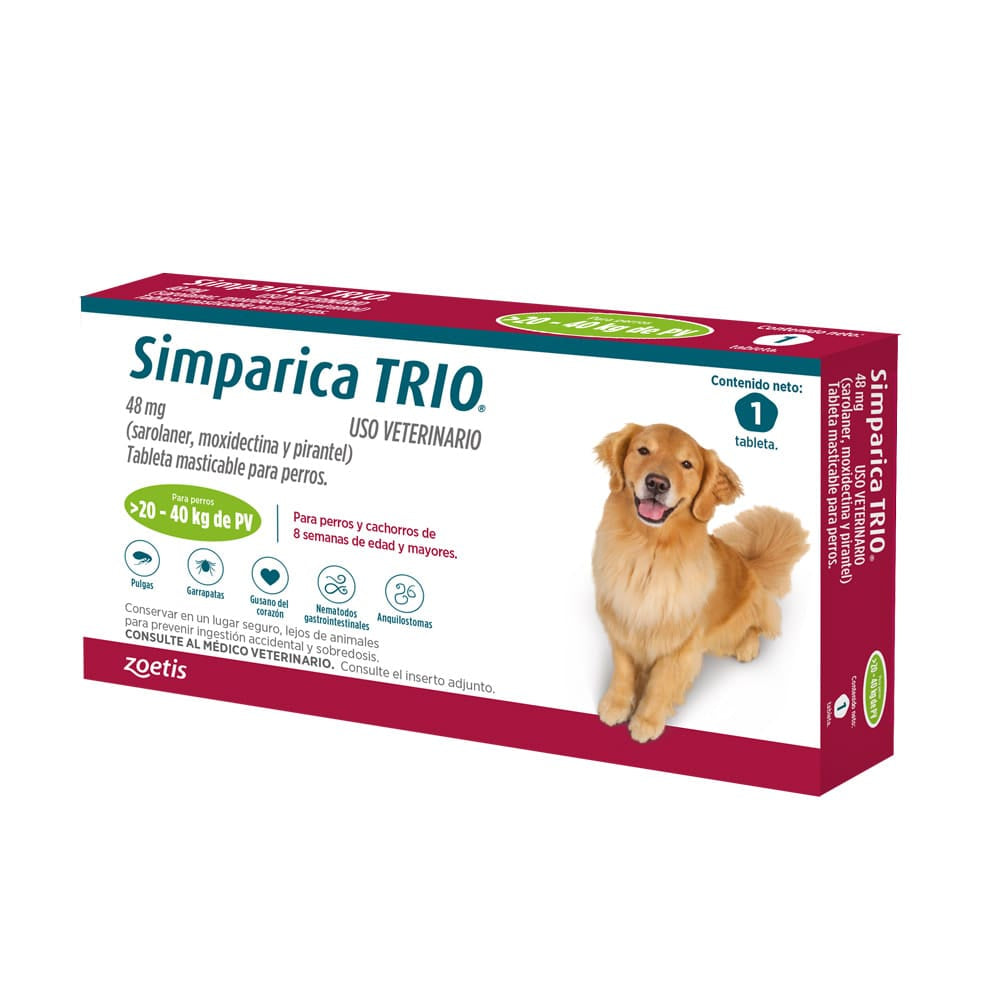 Simparica Trio para Perros de 20 a 40 KG - Antipulgas y Desparasitante para Perros
